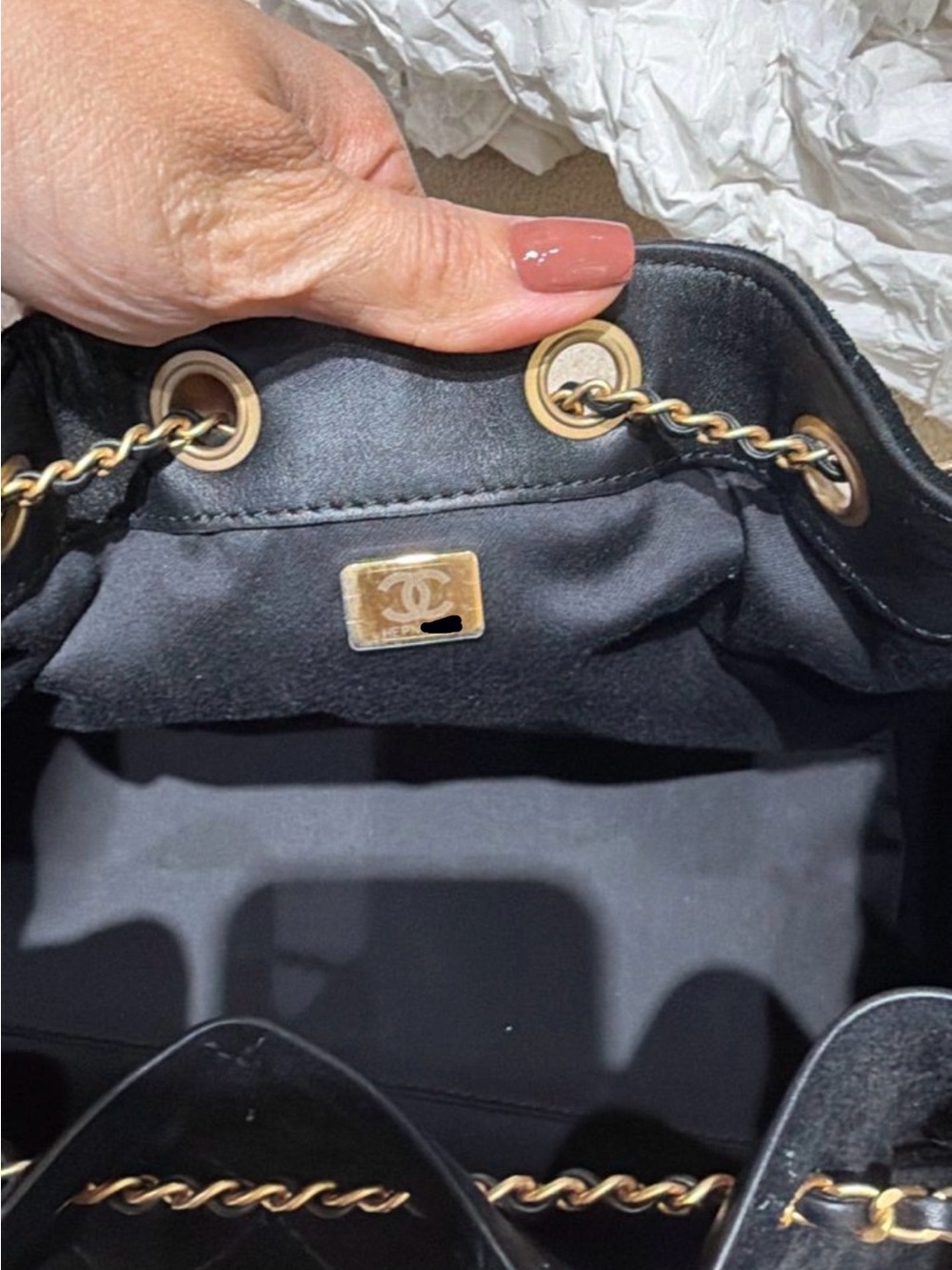 CHANEL 25 Black Quilted Suede SMALL Drawstring Shoulder Bag with Gold Chain NWT - Picture 6 of 9